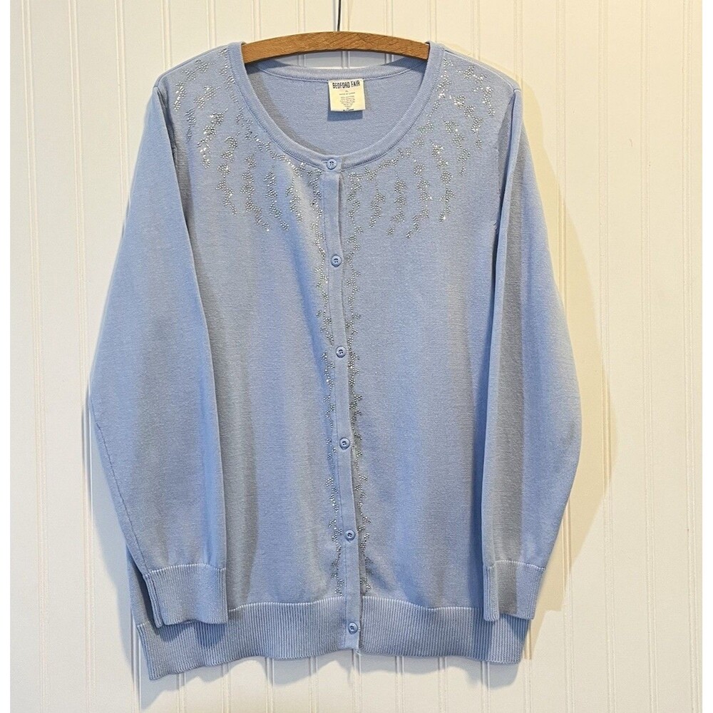 Bedford Fair Women’s Cotton Blend Embroidered Sequin Cardigan Sweater Size XL